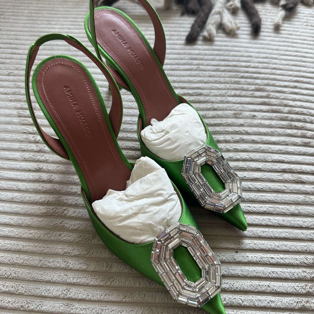Amina Muaddi Emerald Satin Heels with Embellished Buckle
